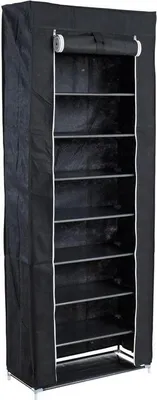 A tall, black fabric shoe rack with multiple shelves is shown against a white background.
