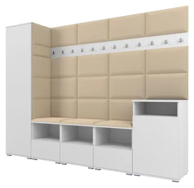 Produktbild von Garderobe NELA XI 250 cm Modulare Flurmöbel Weiß mit Sitzpolster Beige 04 (Großes Set)