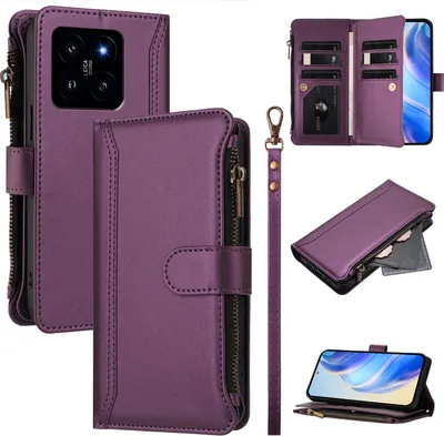 A collage of images showing a purple leather wallet-style phone case for a Xiaomi 14 phone, with various angles and features displayed.