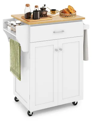 A white kitchen cart with a wooden top, a drawer, and two cabinet doors, shown on a white background.
