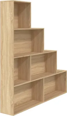 A wooden bookshelf with a stepped design, shown against a white background.