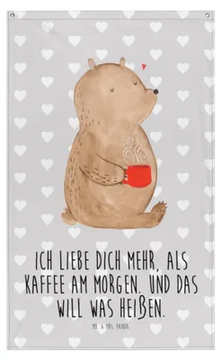 Produktbild von Mr. & Mrs. Panda Wandbild Bär Morgenkaffee - Grau Pastell - Geschenk, Hochzeitstag, Mitbringsel, Tapisserie, Wandtuch, Gobelin, Jahrestag, für Frauen, Bildteppich