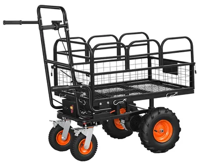 Zdjęcie produktu dla Elektryczna taczka ogrodowa SucceBuy, napęd akumulatorowy 36 V, 432 Wh, taczka o mocy 500 W z funkcją przechylania o 90° i hamulcem, nośność 300 kg, solidna stalowa taczka do ogrodu i podwórka