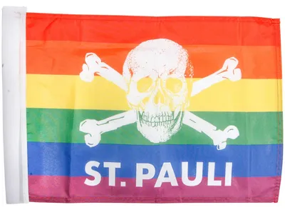 Produktbild von FC St. Pauli Fahne Totenkopf Regenbogen 30x40 cm, Original Fanartikel, Regenbogenfahne mit Totenkopf, Polyester