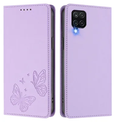 Image de Étui en cuir pour Samsung Galaxy A12, étui de protection type portefeuille en cuir gaufré « papillon » avec support, violet