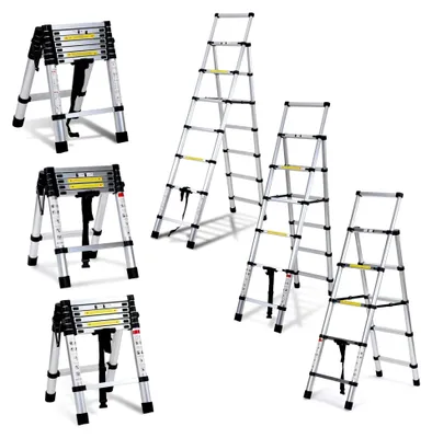 Produktbild von 1,7M+2M Teleskopleiter, Aluminium Ausziehbare Leiter, Klappleiter Stehleiter Rutschfester Mehrzweckleiter, Haushaltsleiter 150 kg Tragfähigkeit