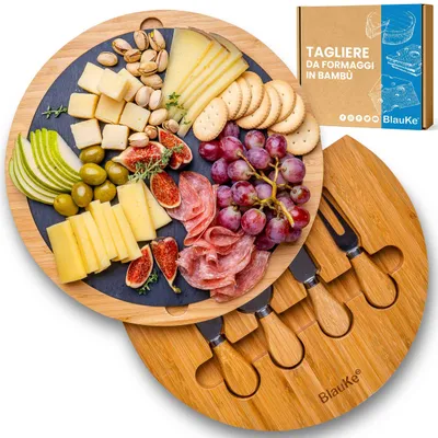 Immagine prodotto di Tagliere per Formaggi e Set di Coltelli – Tagliere in Legno per Aperitivo Formaggio o Salumi – Tagliere in Bamboo con Piatto in Ardesia Rimovibile