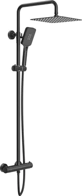 Zdjęcie produktu dla System prysznicowy Rainsworth z termostatem, kwadratowa deszczownica 25 cm ze stali nierdzewnej, 3 tryby strumienia, zestaw prysznicowy 92-126 cm, czarny