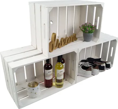 Produktbild von 3er Set stabile Obstkiste Elfriede weiss lasiert gehobelt Holzkiste Regalkiste Weinkiste Aufbwahrungskiste Dekokiste