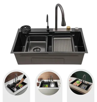 Zdjęcie produktu dla Zlewozmywak kuchenny 80×45 cm – dwukomorowy – stal nierdzewna – z baterią – 2 otwory – duża pojemność – czarny