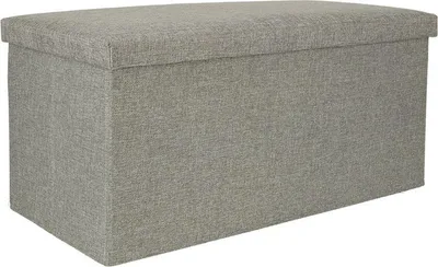 A gray storage ottoman is shown against a white background.