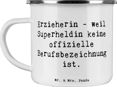 Produktbild von Mr. & Mrs. Panda Haferl Spruch Erzieherin Superheldin - Weiß - Geschenk, Teetasse, kreative Geschenke, Berufsgestaltung, Kaffeepott, Emaille Tasse, Kita, Beruf, Becher