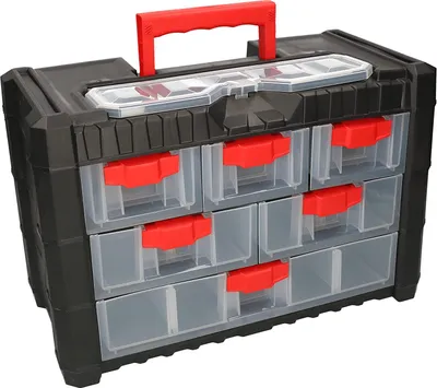 A black and red parts organizer with multiple clear drawers.