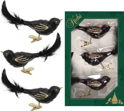 Produktbild von Krebs Glas Lauscha Christbaumschmuck  3er Set Vogel Schwarz / Gold - Größe ca. 11cm