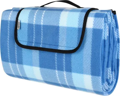 Produktbild von DETEX® Picknickdecke Campingdecke XL 195x150 cm Wasserdicht Wärmeisoliert Waschbar Fleece Faltbar für 2-4 Personen Garten Stranddecke Blau/Weiß
