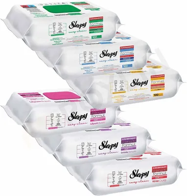 A stack of multiple packages of Sleepy brand wet wipes, each with different colored accents and scents indicated.