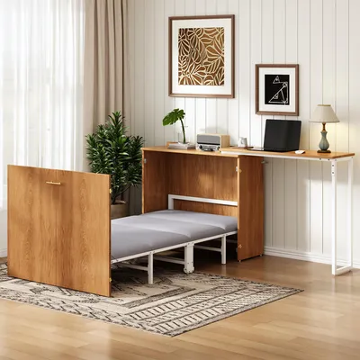 Produktbild von Klappbett mit drehbarem Schreibtisch und Matratze, Schrankbett mit Rollen, platzsparendes Wandbett für kleine Räume, Gästezimmer und Homeoffice