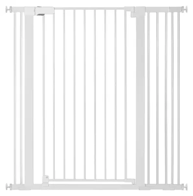 Produktbild von COMOMY Türschutzgitter 107cm Hoch, Treppenschutzgitter 75-110cm Breit, ohne Bohren, Auto-Schließung & 90° Stop, Metall Sicherheitsgitter, Weiß