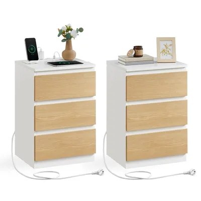 Produktbild von VASAGLE Nachttisch, 2er Set, Beistelltisch, 3 Schubladen, abgeschrägte Kante, 2 AC-Steckdosen, 2 USB-Anschlüsse