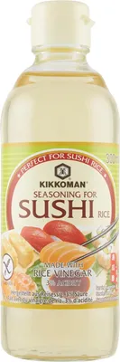 A bottle of Kikkoman Sushi Seasoning with rice vinegar.
