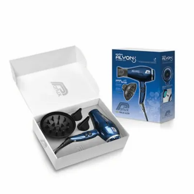 A blue Parlux hairdryer and its accessories are displayed in an open white box, with its packaging box also visible.