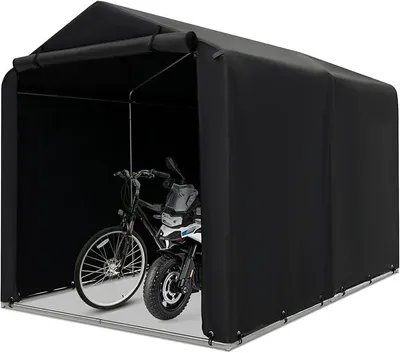 Produktbild von Garagenzelt 160 x 218 x 164 cm, Fahrradgarage wasserdicht, Motorrad Garage wetterfest, Lagerzelt für 2-4 Fahrräder, Metallrahmen, Geräteschuppen mit aufrollbarer Reißverschlusstür (Dunkelgrau)