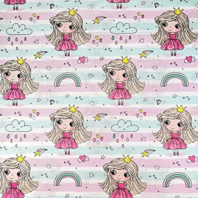 Produktbild von Baumwolle 100% Prinzessinnen mit Regenbogen auf rosa-mint gestreift