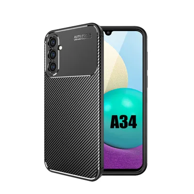 A black phone case with a carbon fiber texture is shown next to a smartphone displaying the text 'A34'.