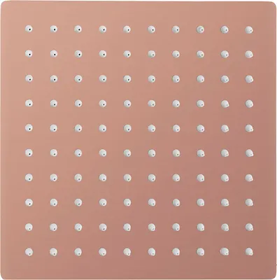 A square copper shower head with multiple small nozzles.