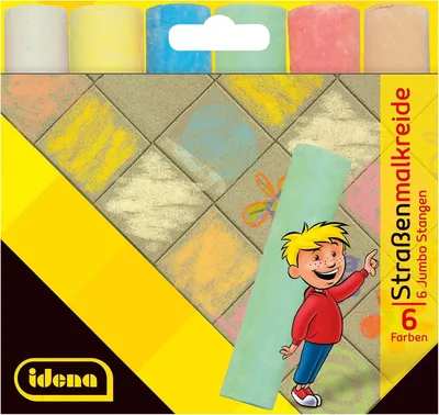 Produktbild von Idena 621731 – Straßenkreide in einer Kartonschachtel, 6 Stifte in verschiedenen Farben, zum Beschriften von Asphalt, Pflastersteinen oder Beton