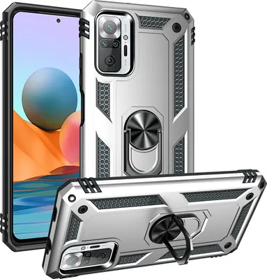 Obrázek produktu pro Pouzdro pro Xiaomi Redmi Note 10 Pro/Note 10 Pro Max dvouvrstvé robustní, vojenská ochrana pouzdro s držákem prstenu a stojánkem Stříbro