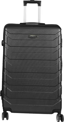 A black suitcase with a retractable handle and wheels, shown from the front.
