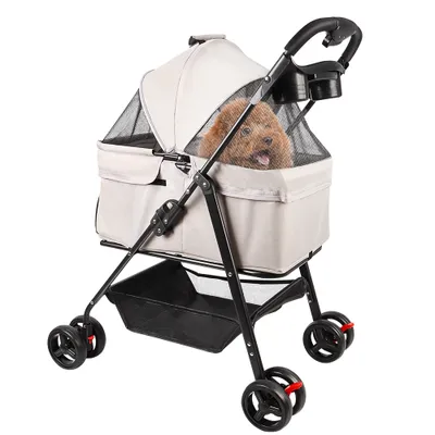 Produktbild von 2 in 1 Hundewagen,Hundebuggy bis 15 kg mit abnehmbarem Korb,Klappbar Travel Haustier Kinderwagen Pet Stroller für kleine Hunde Katzen 50x65x99cm beige