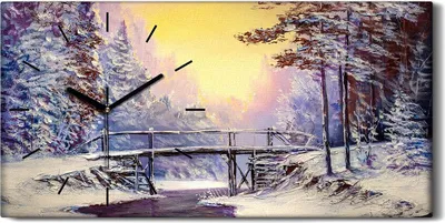 Produktbild von Dekor Leinwand Uhr Wandbilder 60x30 Weiße Brücke Fluss Winter Landschaft - schwarze Hände