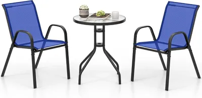 Image de Ensemble bistro d'extérieur 3 pièces avec chaises empilables, bleu