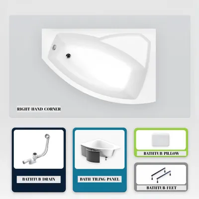 Produktbild von Asymmetrische Badewanne - 140 x 90 cm - Rechts - mit Verkleidung - mit Füßen - Kopfstütze - Ablaufgarnitur Chrom - RIMA