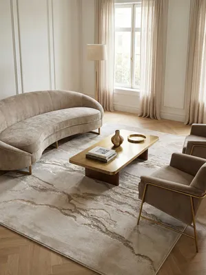 Produktbild von Wohnzimmerteppich Velours-Metallic 200x290cm | Kurzflor Teppich Maschinell Gewebt | Rechteckiger Teppich Schimmernd | Marmoroptik Modern | Bronze Champagner 200x290cm | SARNTAL von Kadima Design