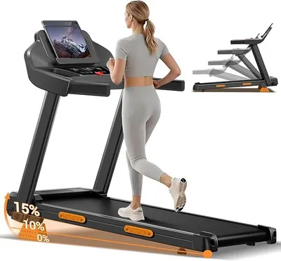 Obrázok produktu pre Bežežiací pás do domácnosti, skladací, s sklonom 15 % | Bežecké pásy s rýchlosťou 12 km/h, bežecký pás do domácnosti s motorom 3,0 HP a LED displejom, nosnosť 136 kg