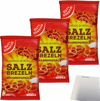 Produktbild von Gut & Günstig Salzbrezel Knabbergebäck Knackig & Cross mit Meersalz 3er Pack (3x250g Packung) + usy Block