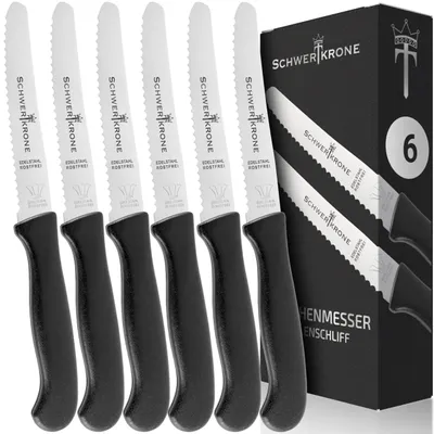 Produktbild von Schwertkrone® Frühstücksmesser [ROSTFREIER EDELSTAHL] - Brötchenmesser Messer - Brotzeitmesser Jausenmesser Tafelmesser - Schneidemesser Wellenschliffmesser - Vespermesser Sägemesser (6er Set)