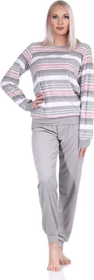 Produktbild von Eleganter Damen Frottee Pyjama langarm Schlafanzug mit Bündchen in Streifenoptik - 212 840 ; grau , 36