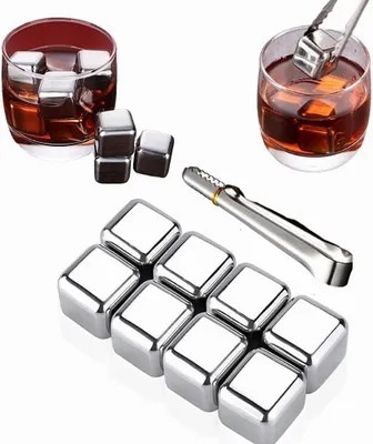 8er-Set Edelstahl-Whisky-Eiswürfel mit Zange und Box