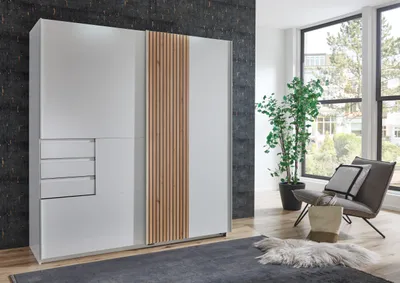 Produktbild von Kleiderschrank Coburg in Weiß mit Akustiklamellen in Artisan Eiche - Schwebetürenschrank