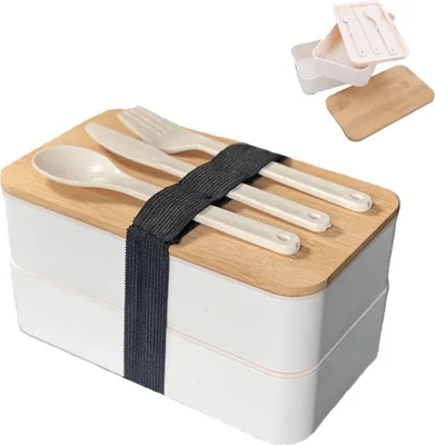 Produktbild von Intirilife Lunch Box Bento Box mit 3 Fächern und Besteck in Schwarz - 18.5. x 10.5 x 9.3 cm Brotdose mit Messer Gabel und Löffel Vorratsdose, Brotbox