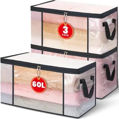 Produktbild von Aufbewahrungstasche 60 l, 3er-Set, für Kleidung, transparent mit Reißverschluss, wasserdicht