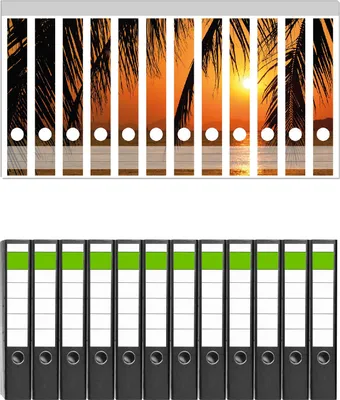 Produktbild von Wallario 12 Stück schmale Ordner inkl. Klebeetiketten mit Motive Sonnenuntergang unter Palmenblättern -  Set mit Rückenschildern / Ordnerrücken Stickern