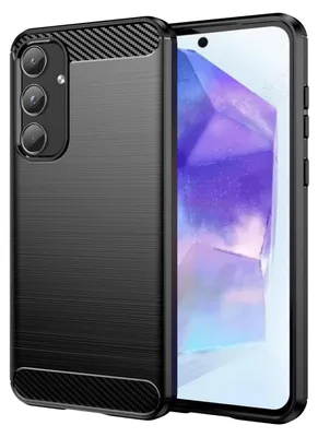 A black phone case with a carbon fiber texture is shown next to a smartphone screen displaying a colorful abstract image.