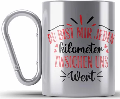 Produktbild von Trendation -  Fernbeziehung Geschenk für Ihn Sie Edelstahl Tasse Karabiner mit Spruch Valentinstag Geburtstag Geschenk Freund (Silber)