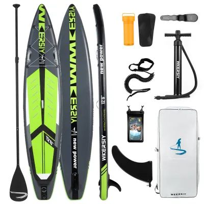 Obrázek produktu pro Stand-up paddleboard 380 cm s pumpou, bezpečnostním popruhem, ploutví a pouzdrem na mobil, protiskluzový nafukovací surf pro pláž, vodní lyžování, stand-up paddling, rybaření a jógu