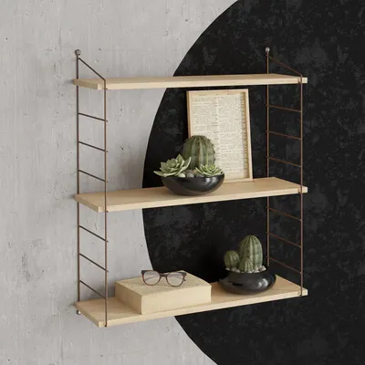 A three-tiered wooden shelf unit mounted on a textured wall, decorated with plants and a book.